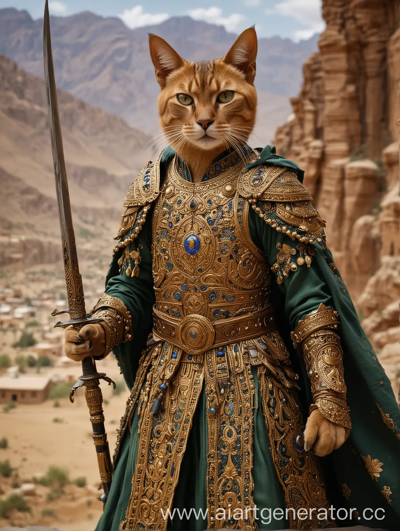 Afghan-Warrior-Personified-as-Abyssinian-Cat-in-Traditional-Armor