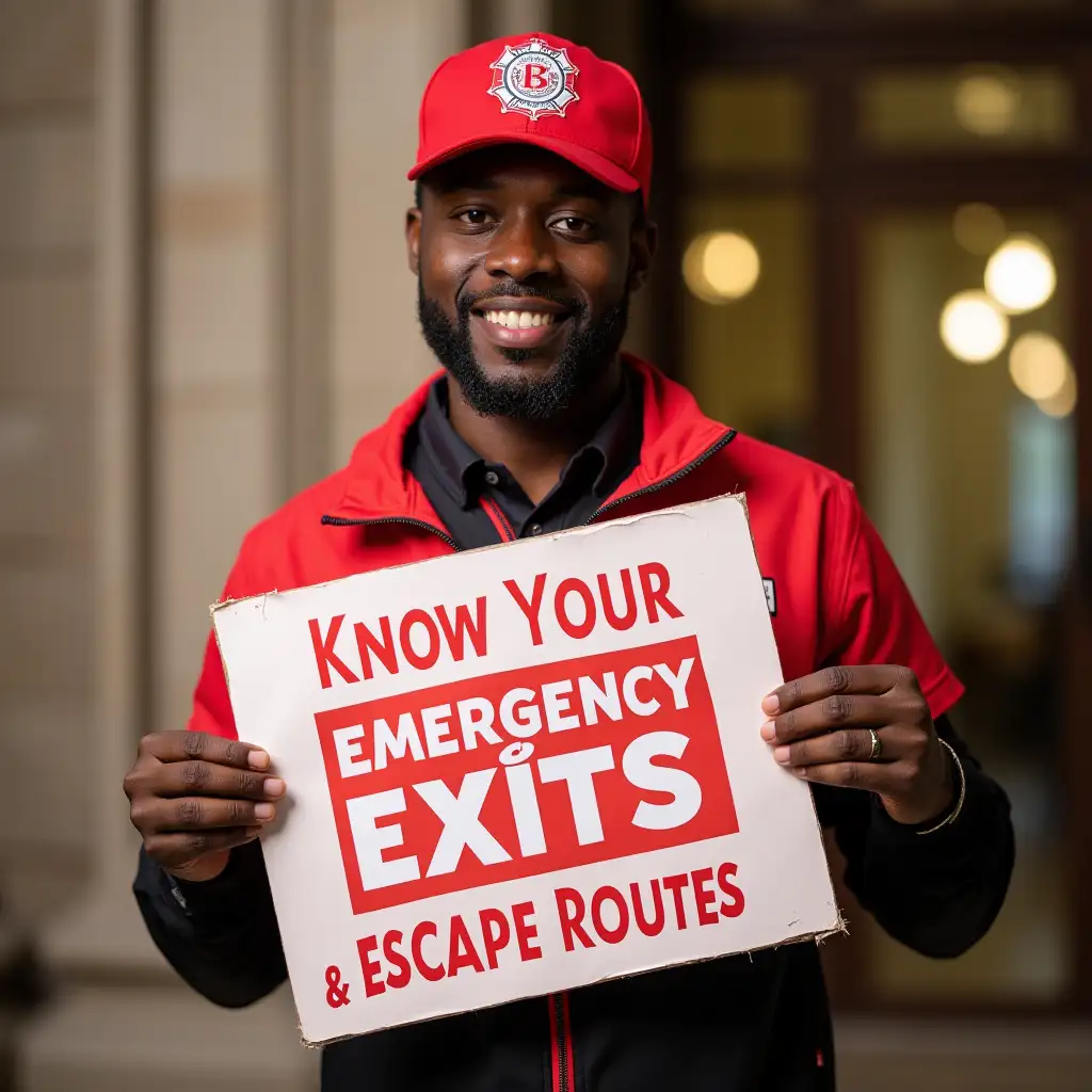 A black male fire warden holding a sign that says   Know your emergency exits & escape routes