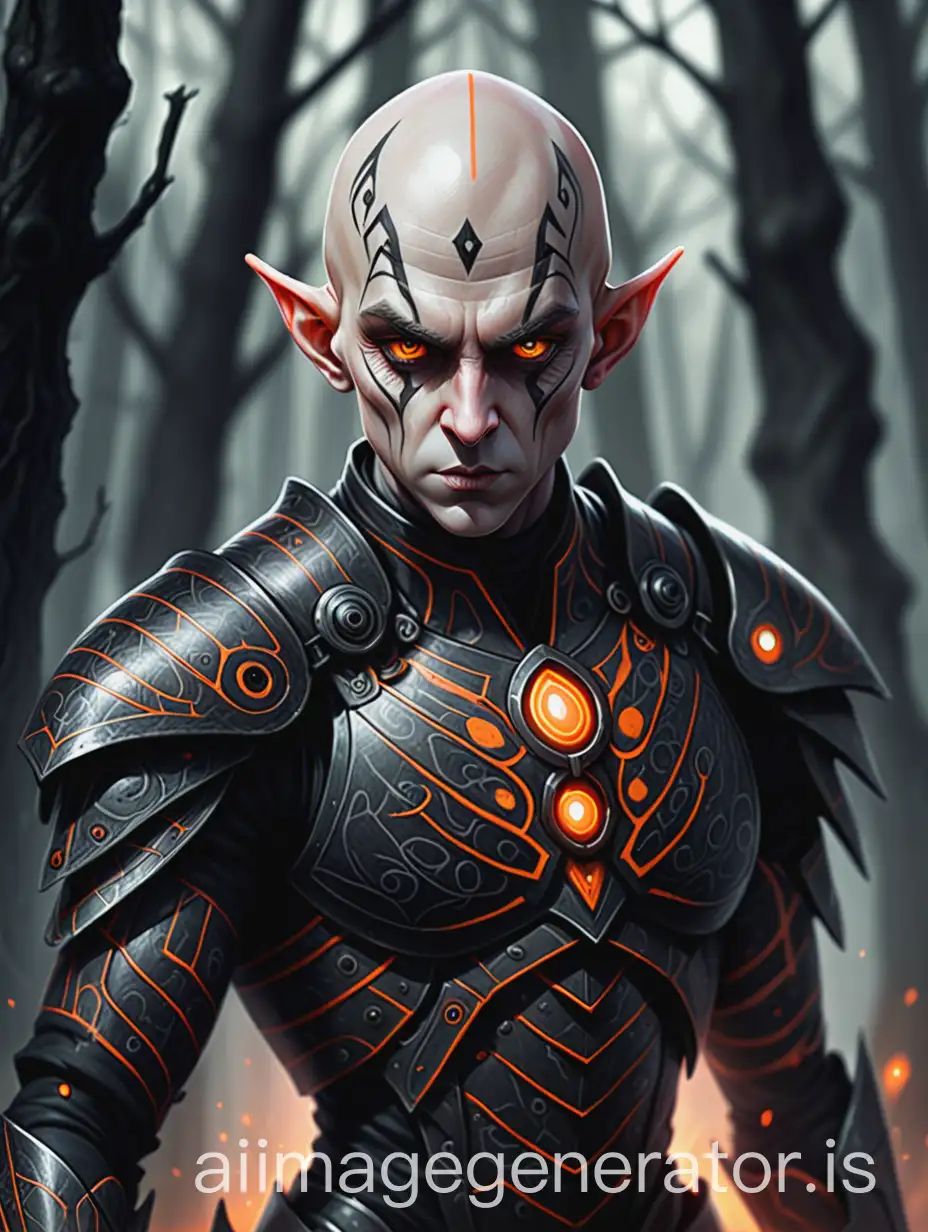 Bald-Elf-with-White-Skin-and-Organic-Armor-in-a-Blurred-Forest