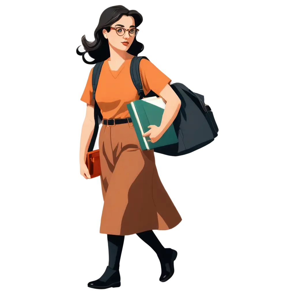 Cartoon-PNGPNG-Image-Usage-Scenarios-Image-of-a-Woman-Walking-with-a-Fully-Filled-Books-Bag-and-Holding-a-Book-in-Hand
