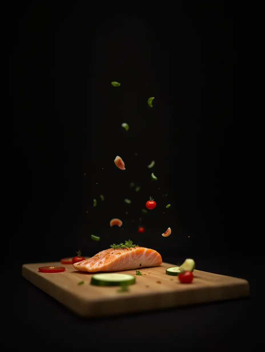 Soft lighting in the center on a black background, small pieces of tomatoes and cucumbers are floating around the edges, below is a cutting board with an appetizing piece of fish