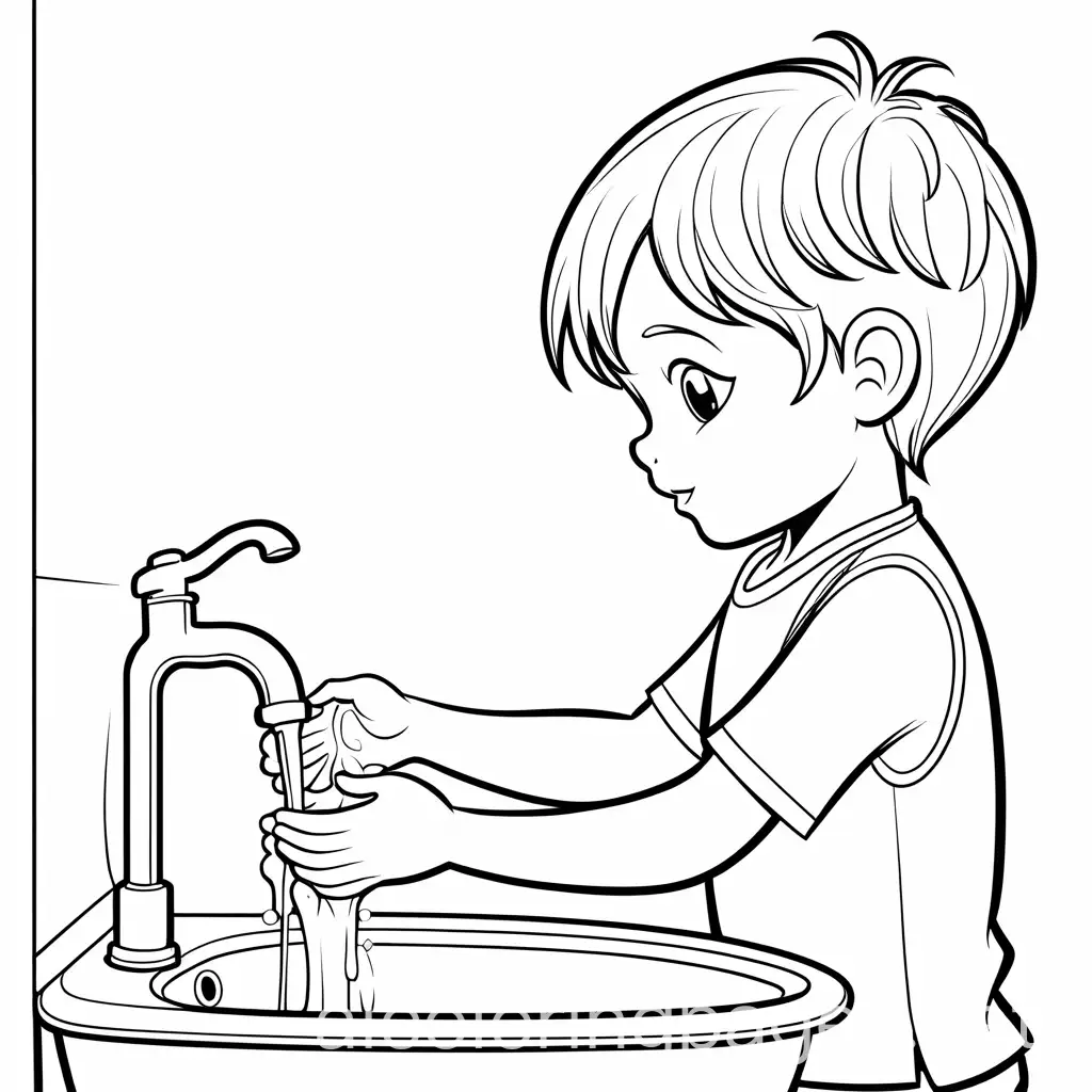 Young-Child-Washing-Hands-Black-and-White-Coloring-Page