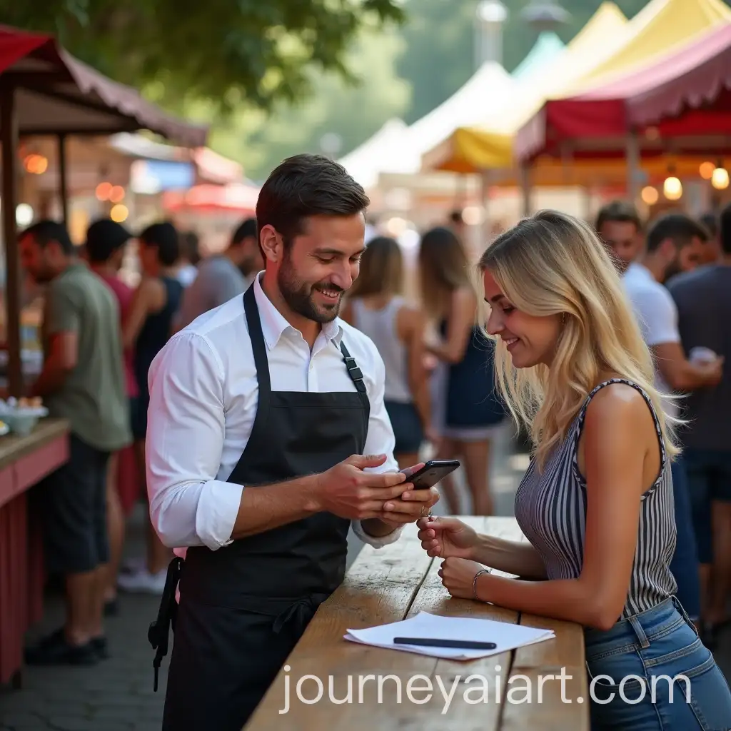Lively-Outdoor-Food-Market-Smiling-Waiter-Taking-Order-Amidst-Vibrant-Fair