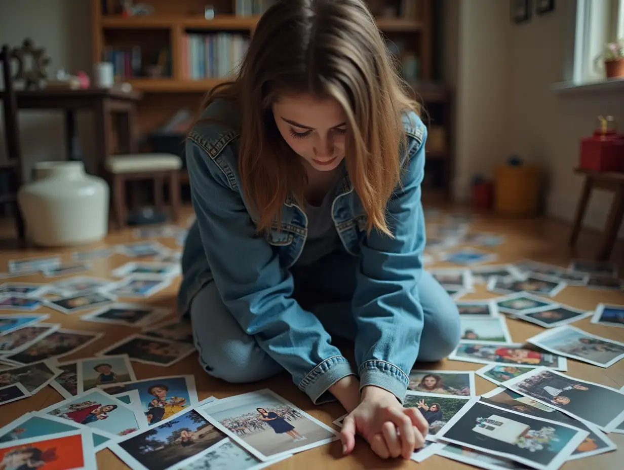 Young-Woman-Surrounded-by-Scattered-Colorful-Photographs-in-a-Room