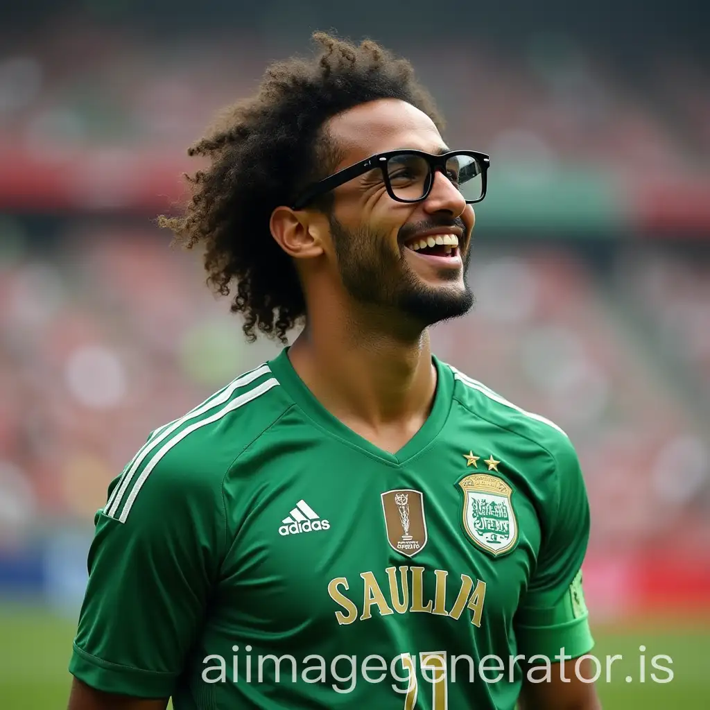 I want a Saudi soccer player wearing nice glasses celebrating the World Cup in Saudi Arabia