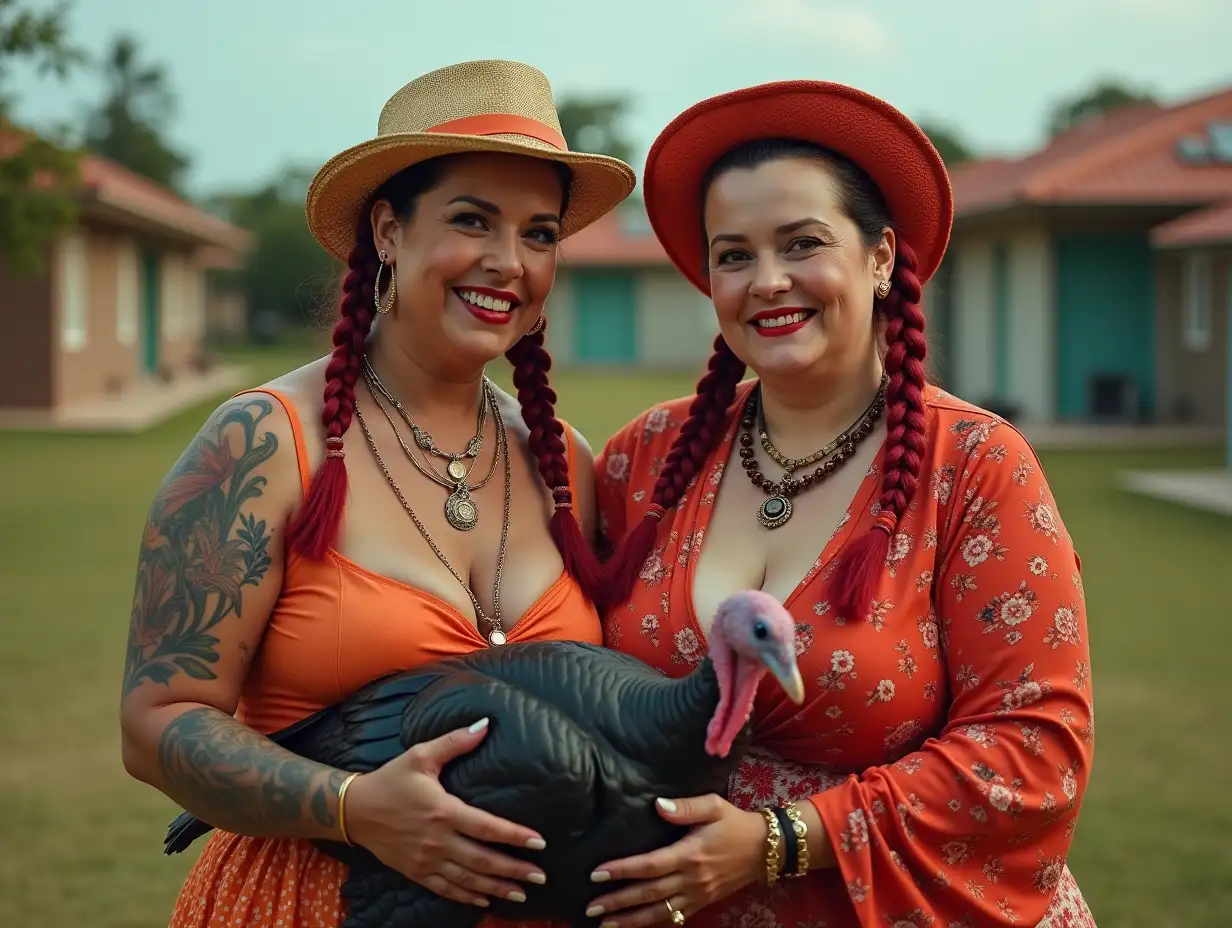 Two white, plump pin-up women, 90 years old with red braids wear a low-cut blouse mixed with red and orange, with a light smile on their faces, tattoos, golden hat, red lipstick highlighting their smile, modern jewelry, black skin, the women hold a live turkey in their hands, in a park with many houses in cyberpunk Brazil 8k quality