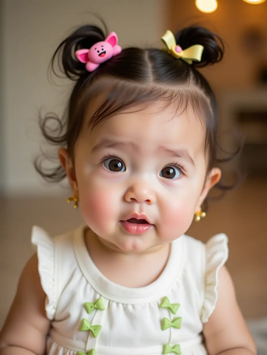 A close-up portrait of an adorable baby girl with round cheeks, big sparkling eyes, and a curious expression. She has her hair styled into two small pigtails secured with colorful hair clips, one shaped like a pink cartoon character and another like a yellow boat. She wears a white sleeveless dress adorned with delicate bows featuring green accents. Her tiny gold earrings add a cute touch. The background is soft and blurred, with cozy indoor lighting, creating a warm and charming atmosphere.