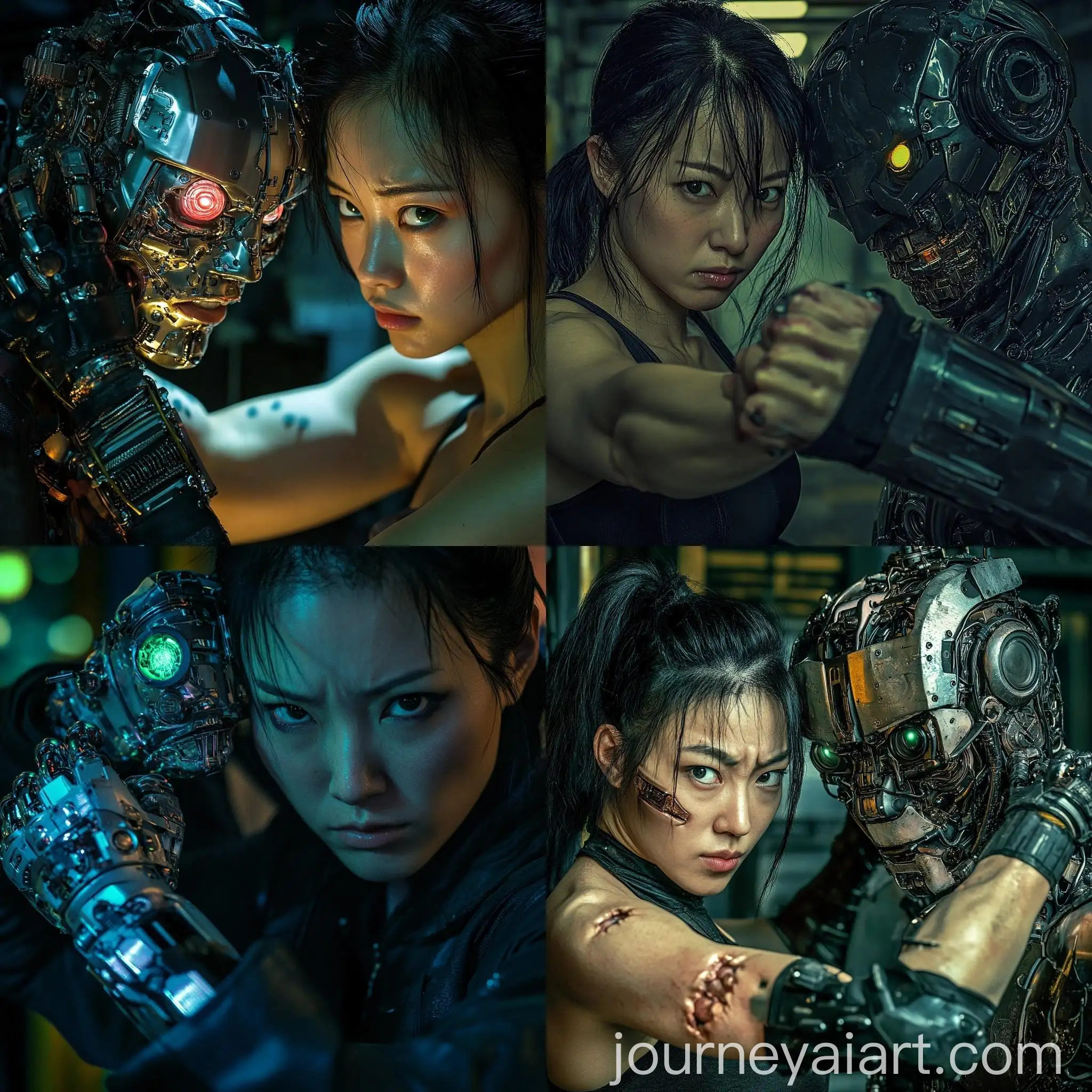 Cyberpunk-Female-Bodybuilder-vs-Cyborg-in-Nighttime-Battle