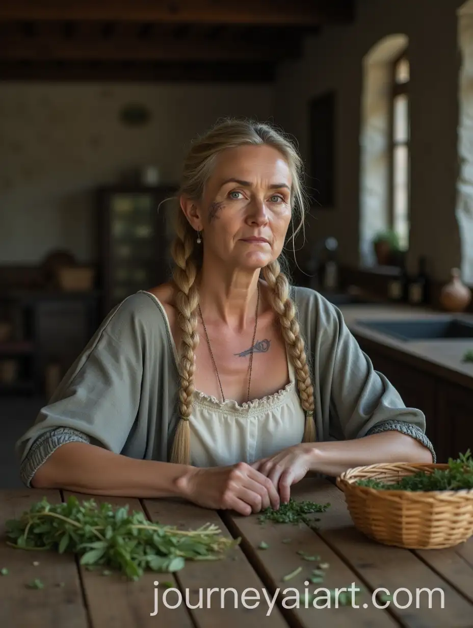 Serious-MiddleAged-Woman-Sorting-Herbs-in-Medieval-Kitchen