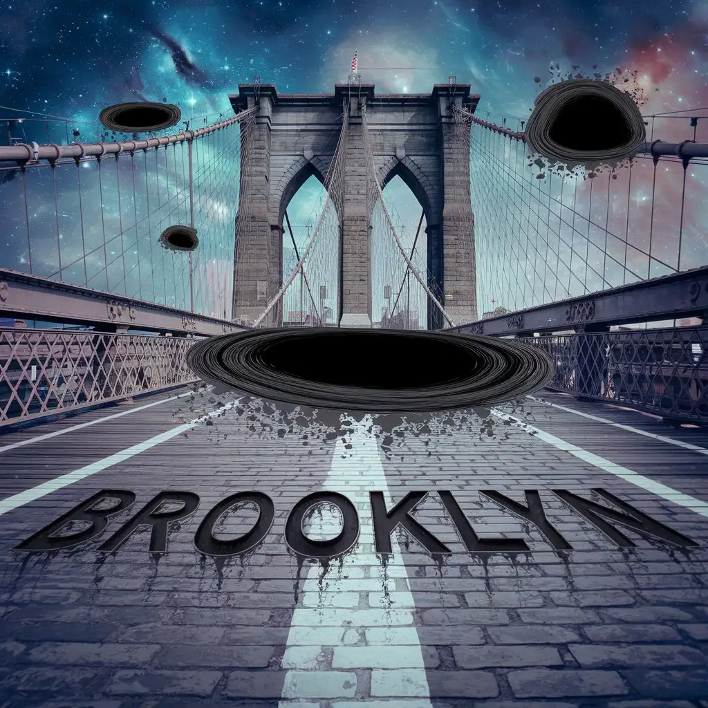 Surreal Brooklyn Bridge Melting into Word Search with Black Hole