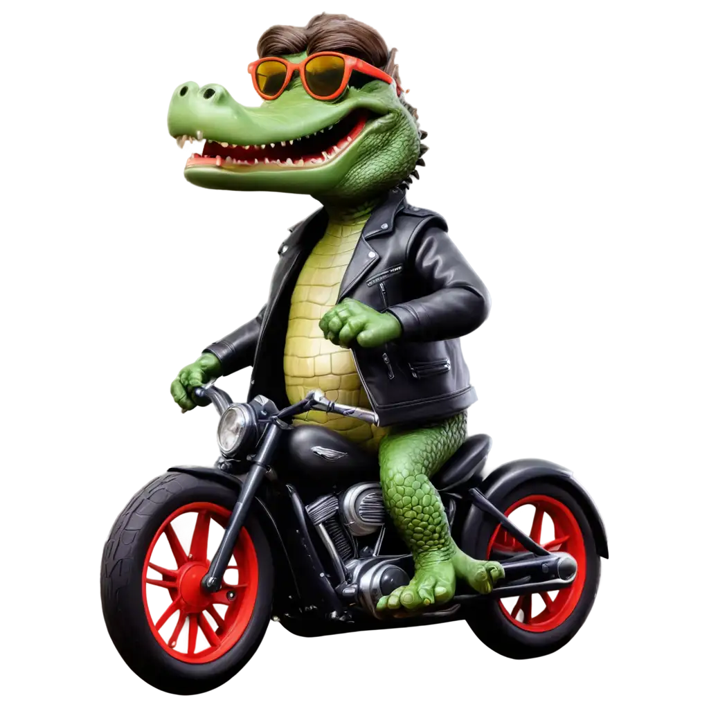 Caricature of a crocodile wearing a leather jacket and sunglasses riding a Harley