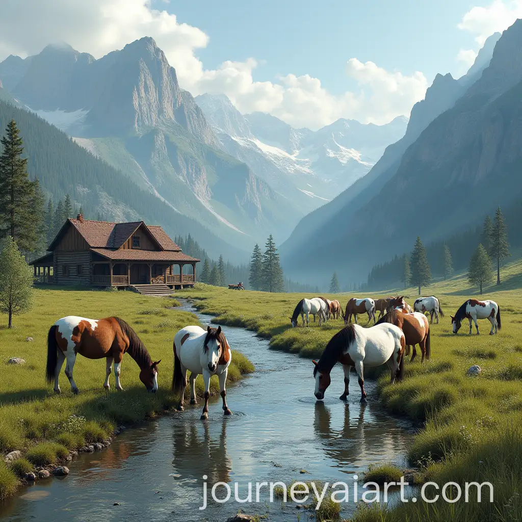 Indian-Horses-Drinking-fromAI-Art-Prompt-Expansion-River-in-Mountain-Ranch-Landscape