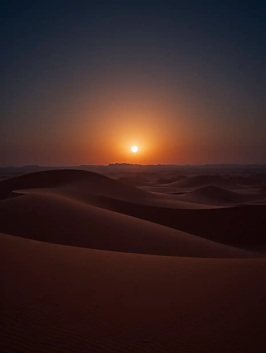 A desert at sunset, with the full moon illuminating the dunes and creating mysterious shadows.