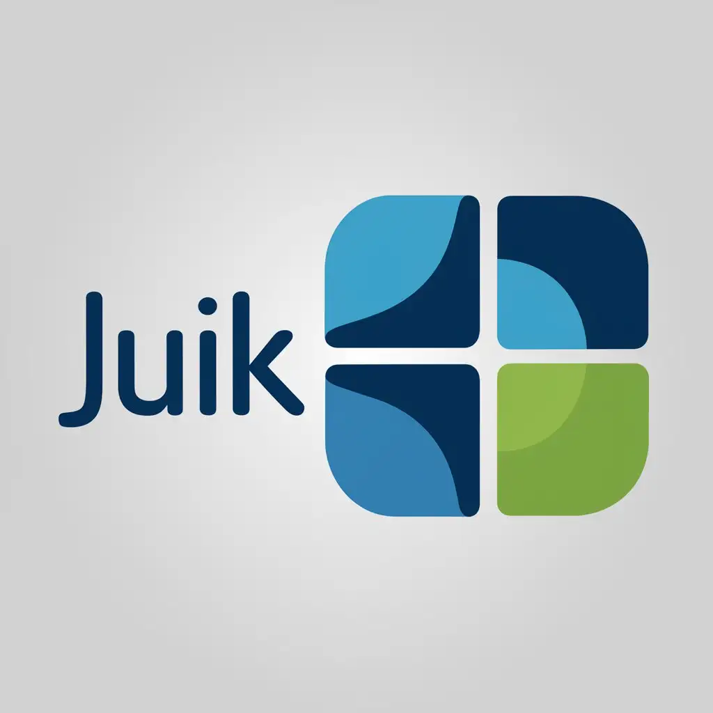 a logo design,with the text "JUIK", main symbol:A square with rounded corners, divided into four equal parts. Three parts are different shades of blue, one is green,Moderate,be used in Technology industry,clear background