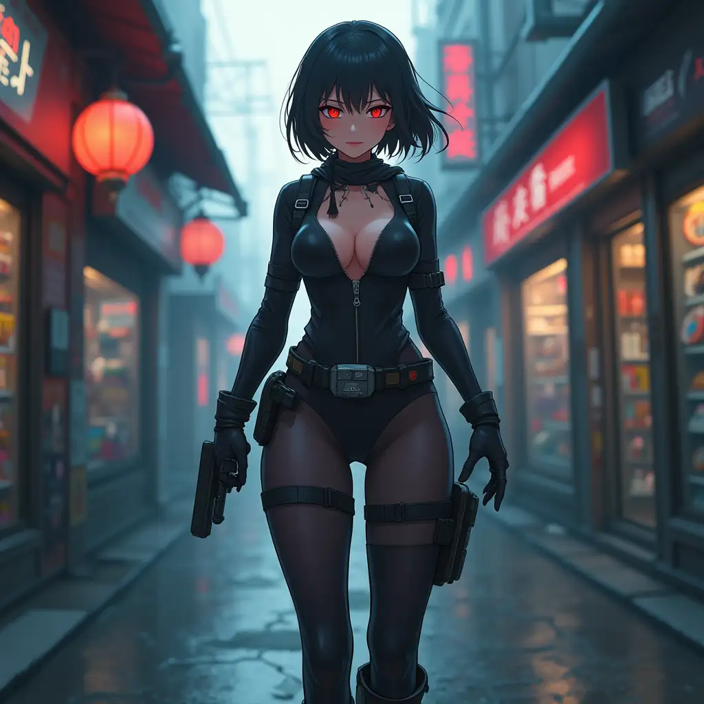 Short hair, mature Asian woman thief cyber runner in a dynamic full-length pose, eyes with red electronic pupils, large breast, extreme skintight body glove zipped down with cleavage, combat boots and combat belt. Full view of her body from boots up, low wide angle. Future store filled city alley street. Anime