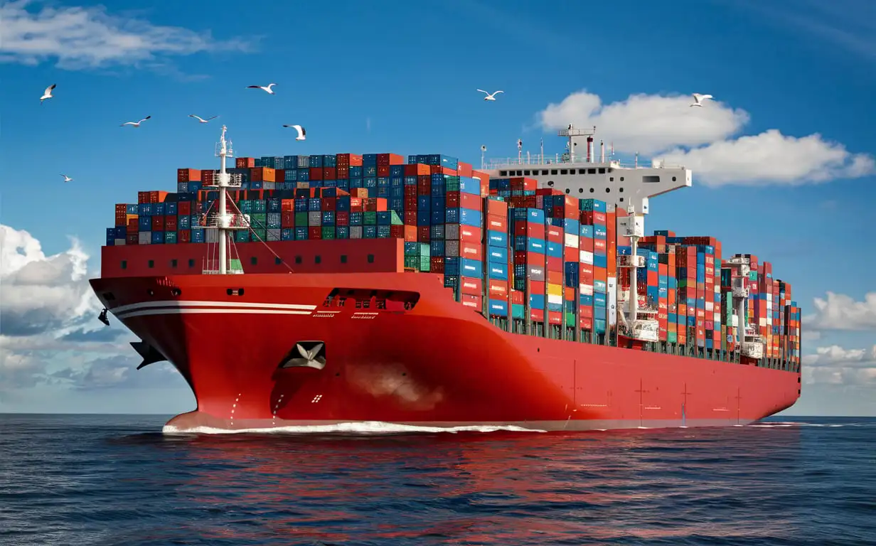 Realistic Large Red Cargo Ship Carrying Items in Clear Afternoon