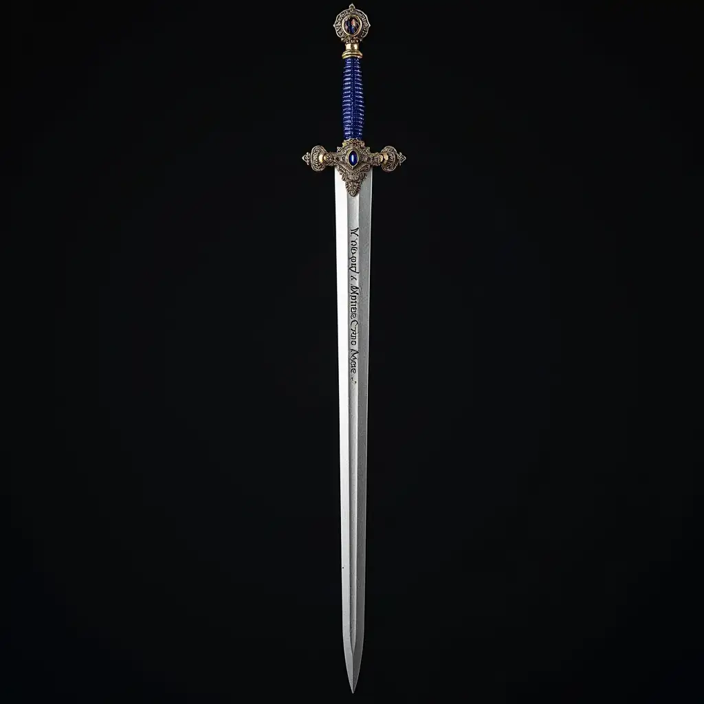 A sword with a sapphire handle and the inscription 'Moment more' on the sword