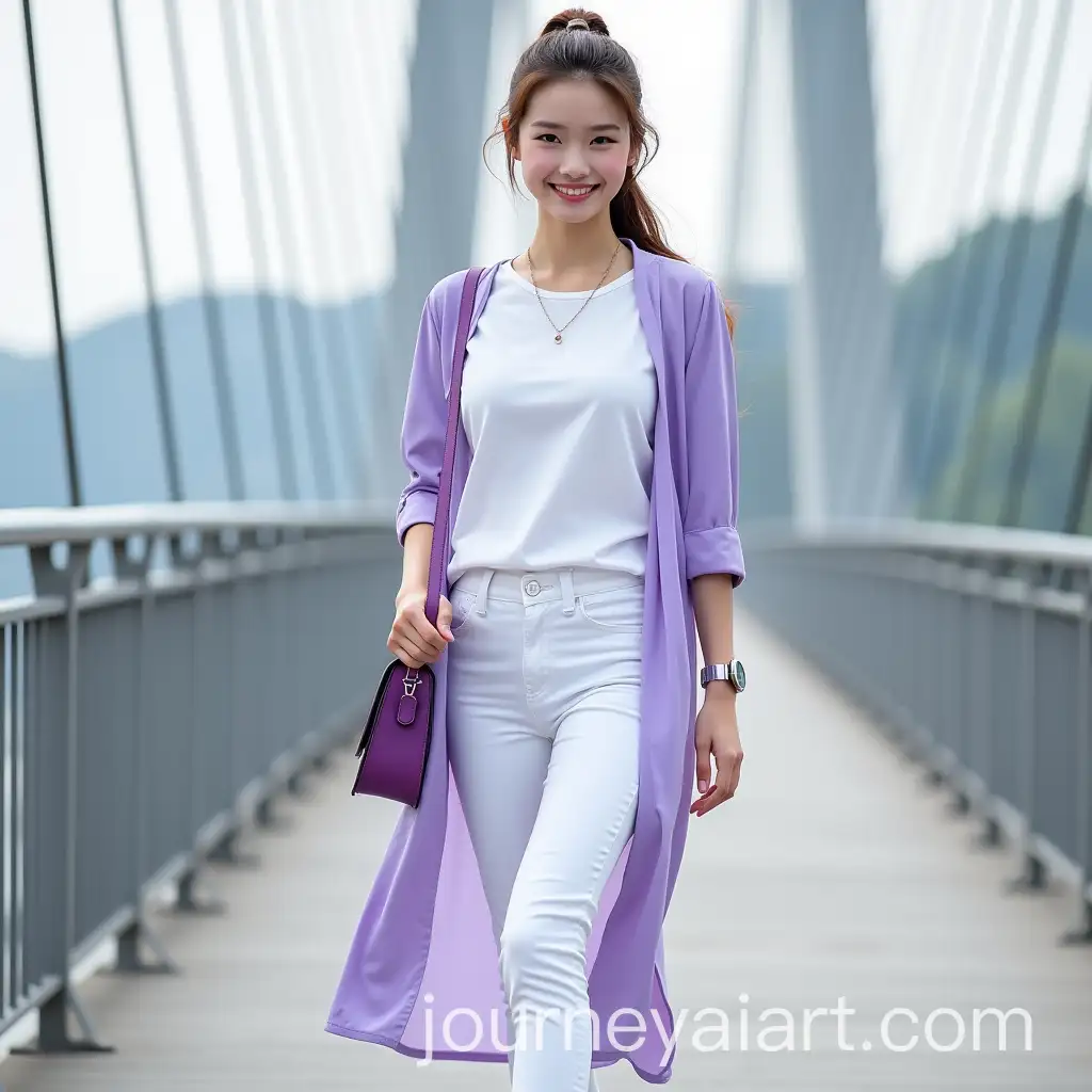 Fashionable-Girl-in-Korea-Posing-on-Suspension-Bridge-with-Casual-Style