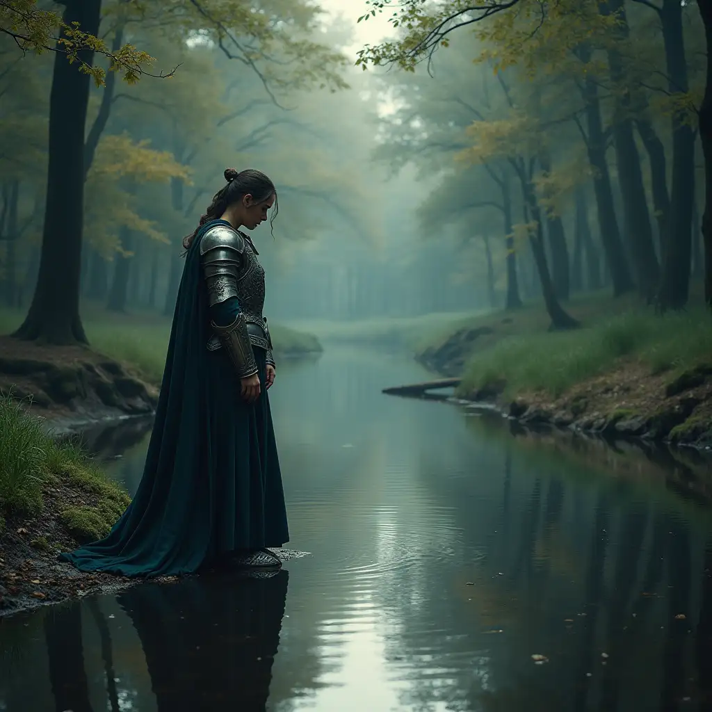 The knight standing by a calm, reflective pool in a serene forest. They look down at their reflection in the water, with their face showing signs of contemplation and inner searching, while the water subtly distorts their image, representing the complexity of self-discovery.