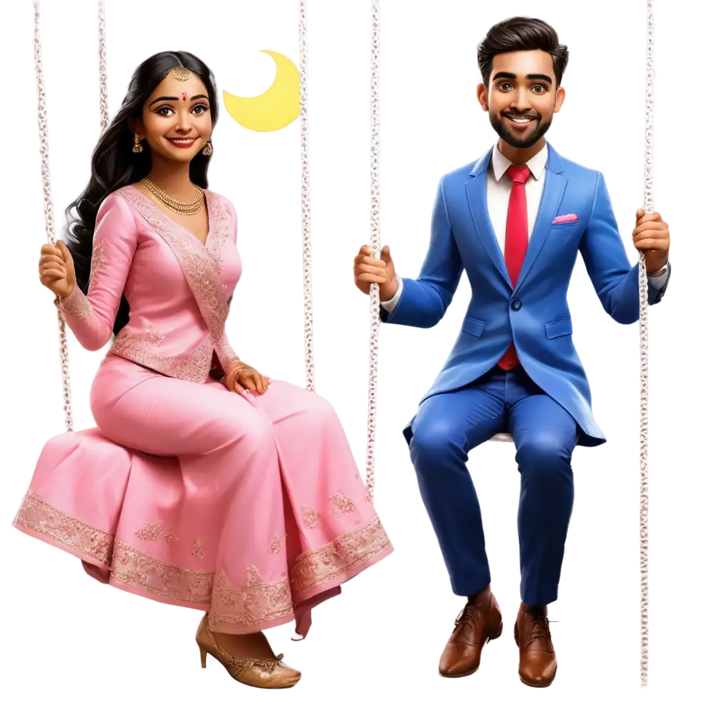 South-Indian-Wedding-Caricature-PNG-Bride-in-Pink-Lehenga-and-Groom-in-Blue-Suit-Under-the-Moonlight