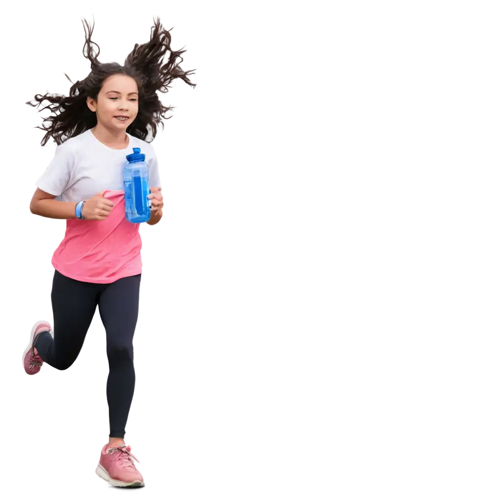 A girl running with a bottle of water in her hand and headphones in her ears