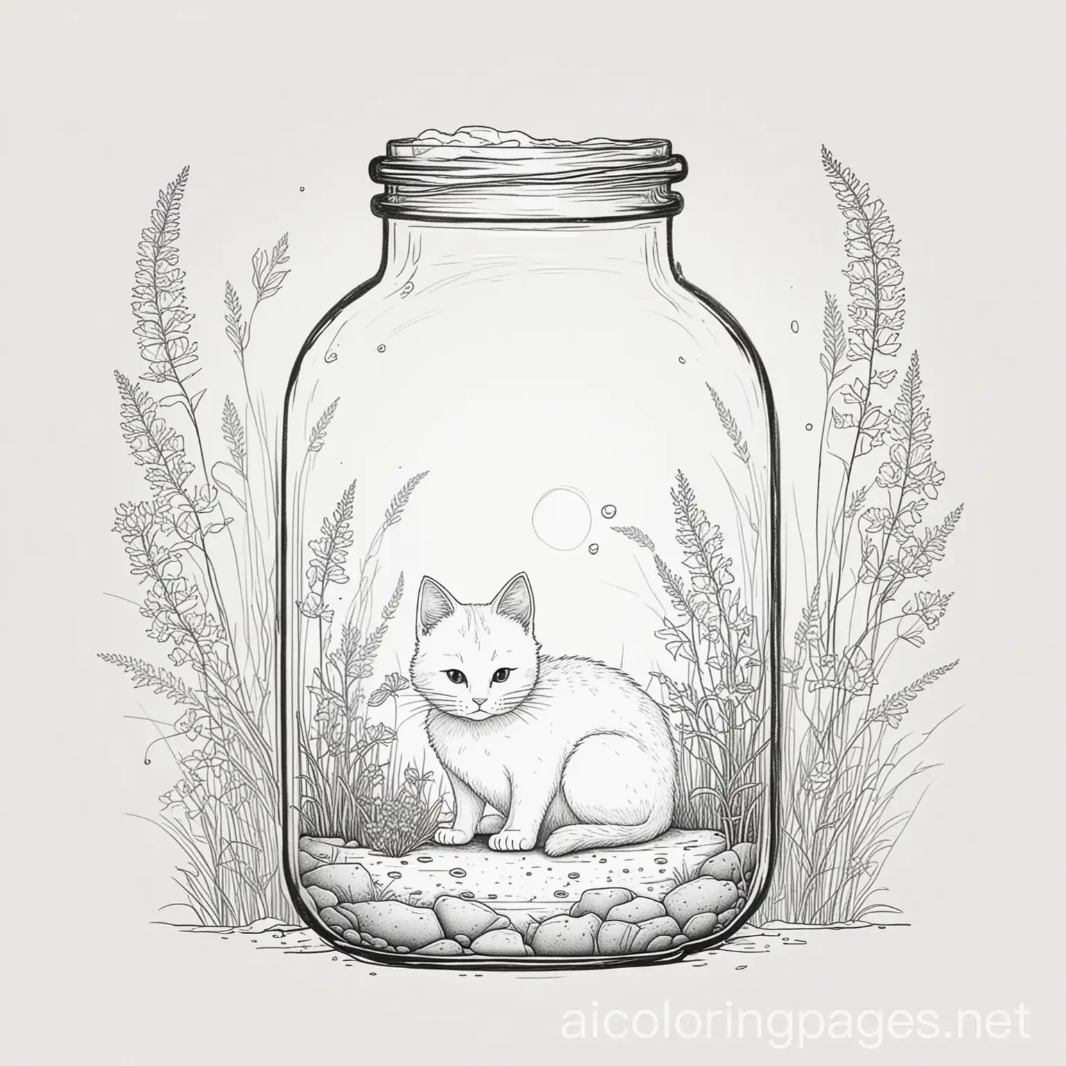 simple cat in bottle with sand grass and flowers, Coloring Page, black and white, line art, white background, Simplicity, Ample White Space
