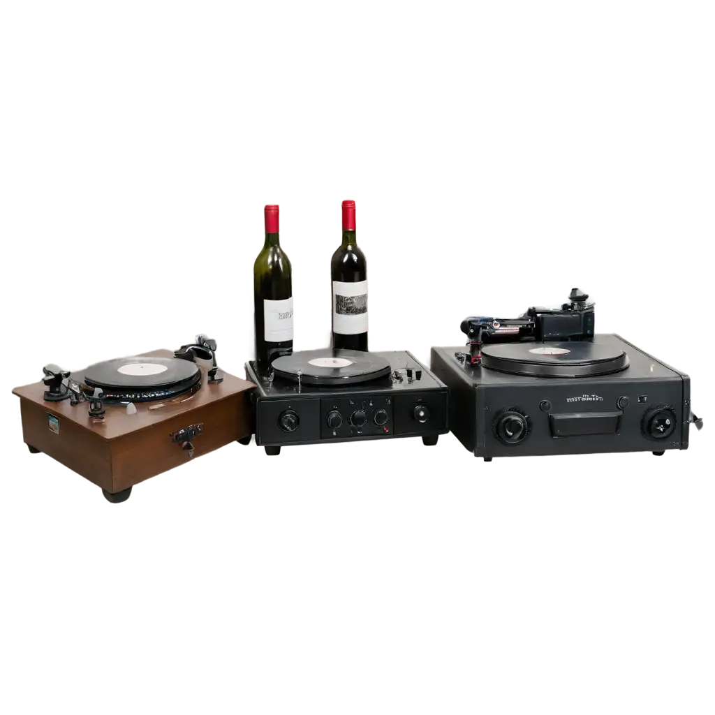 Two record players, in the middle a mixer, surrounded by wine bottles.