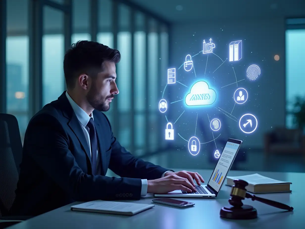A **hyperrealistic** male lawyer sitting on the left side of the image at a modern digital desk, wearing a formal dark suit and tie, focused and working on a laptop. The laptop screen shows a professional law firm website. Around him, floating **photorealistic** semi-transparent digital icons: contact form, appointment calendar, message/chat icon, justice scale ⚖️, a pie chart and bar graph, glowing holographic folders, a fingerprint scan, digital contract document, and a secure padlock. On the desk are a smartphone, a tablet, a legal book, a glowing Persian-style law firm logo in deep purple-blue, connected by glowing lines to suggest interconnectivity. The background is a clean modern minimalist office or abstract digital space, with network and cloud symbols subtly floating in the sky to reflect an online presence. Strong use of legal elements like books, gavel, documents, and scales of justice, combined with tech elements like data charts, biometric icons, and digital UI. Color palette: deep indigo/purple-blue (matching the logo), white, light gold, cool bluish accents. **The ENTIRE right side of the image is clean, completely empty, and intentionally devoid of ANY elements. Maximize the blank space on the right for text or graphic additions.** The image should look like a **high-resolution photograph**, with realistic lighting and textures.