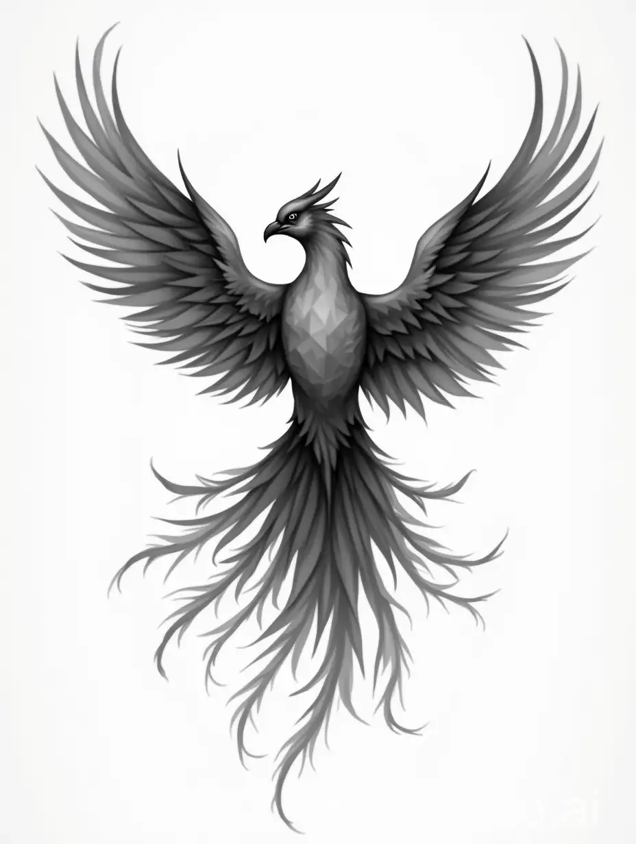 Flying polygon phoenix, black and white only ink portrait, in a vintage tattoo style