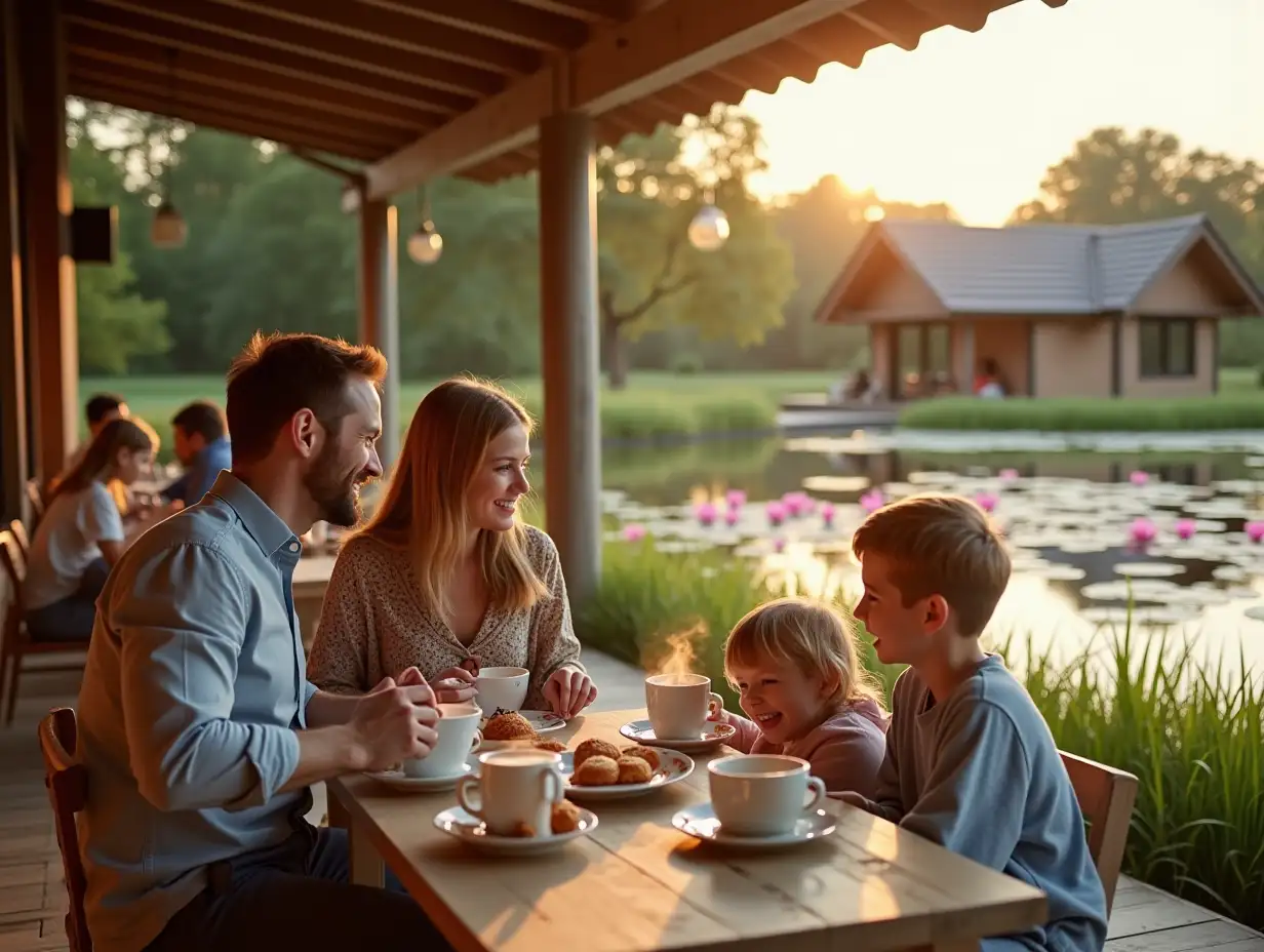 a cheerful family of a man and a woman and their three children of different ages are sitting on the veranda of a minimalistic coffeeteria design and drinking coffee from coffee cups from which steam is coming, they have a fragrant variety of hot pastries on the table, behind them on the same veranda there are also different people resting, and already in the background behind the veranda itself there is a huge an eco-pond with crystal clear water and lots of pink lily pads and the pond has natural gently sloping grassy banks, similar to wild ponds, on the other side there are only 3 small one-storey chalet houses located away from the shore of the pond, these houses have the appearance of a one-storey chalet with a gable tiled roof, each roof slope is smooth without bending, these chalet houses are built from a system of wooden beams consisting only of vertical wooden beams, and only in the half-timbered style and glass walls between the glass beams - these are panoramic windows in all walls from floor to roof, that is, each wall is a panoramic window, at sunset and in the reflections of sunset light, the foreground view is in focus, and the background - blurry, realistic