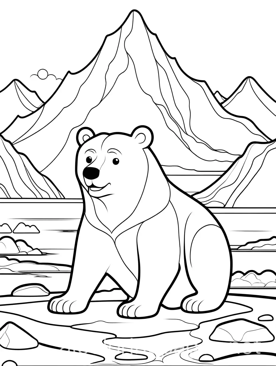 Bear background iceberg colouring black line art , Coloring Page, black and white, line art, white background, Simplicity, Ample White Space. The background of the coloring page is plain white to make it easy for young children to color within the lines. The outlines of all the subjects are easy to distinguish, making it simple for kids to color without too much difficulty