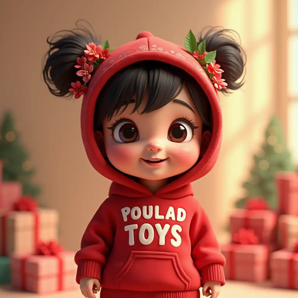 MYLY A Cute cartoon style of a baby girl with a smile on the front, Christmas background and gifts wearing a Red hoodie with the name POULAD TOYS : and dark hair, fashion, text 3D rendering, with flowers., typography, illustration, painting, photo, poster, 3d render, anime, fashion, cinematic, product