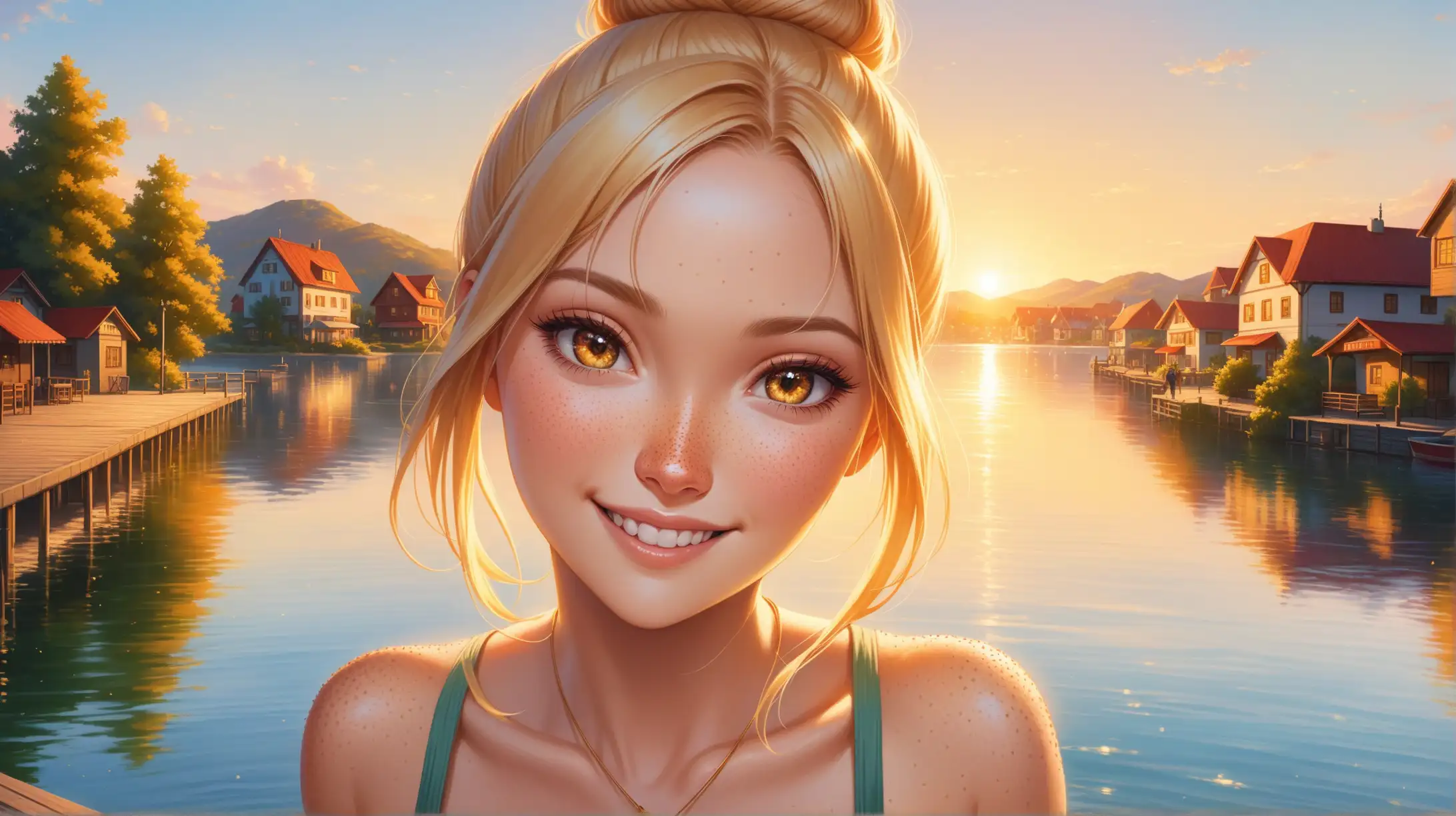 Blonde Woman Smiling by Lakeside at Sunset in Summer Outfit