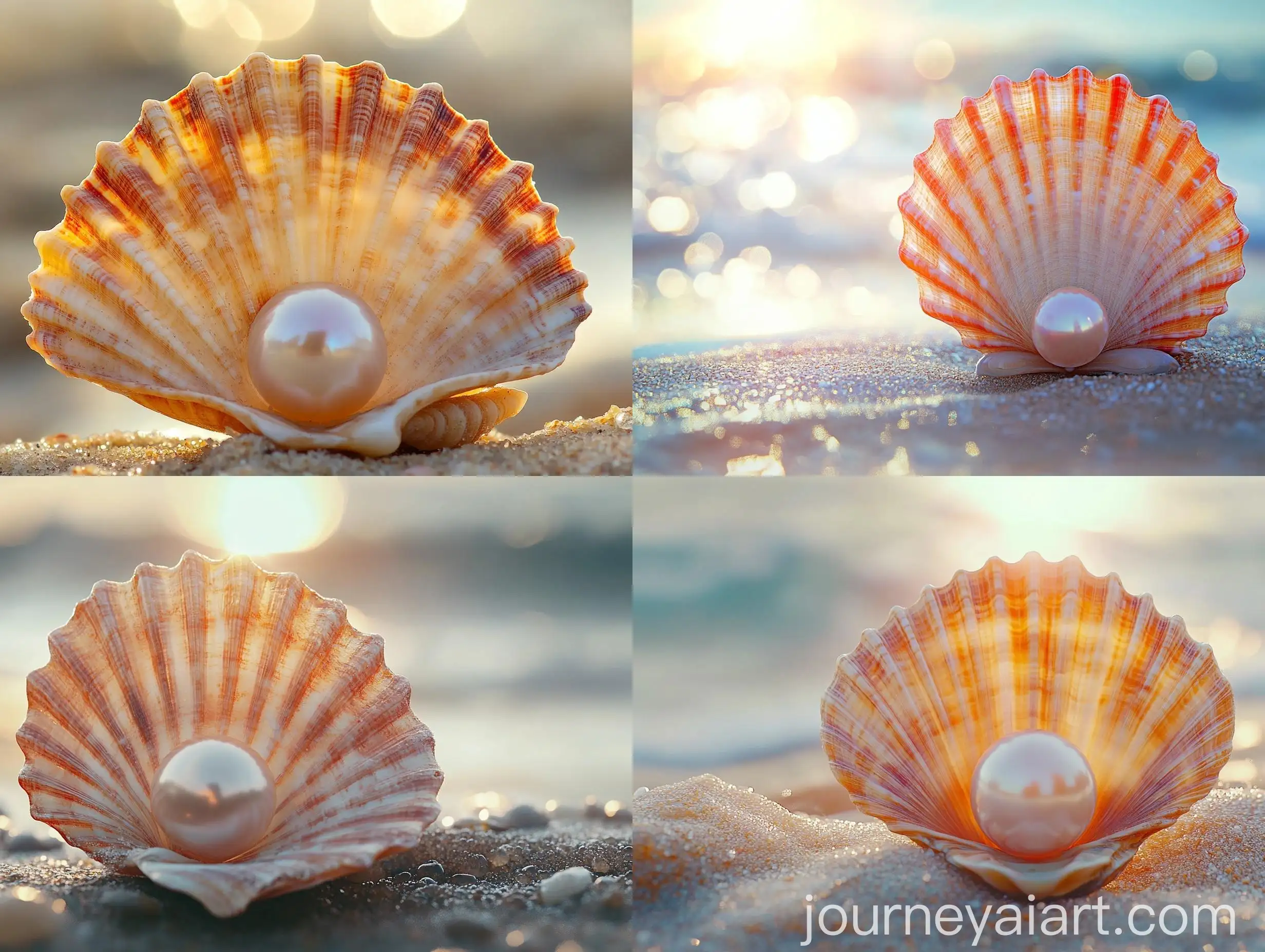 Hyperrealistic-Large-Scallop-Shell-with-Pearl-on-Beach-Background