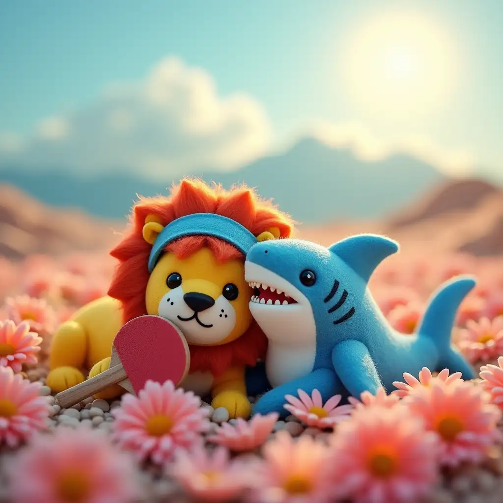 Lion-with-Blue-Headband-and-Cute-Shark-in-Dreamlike-Flower-Sea