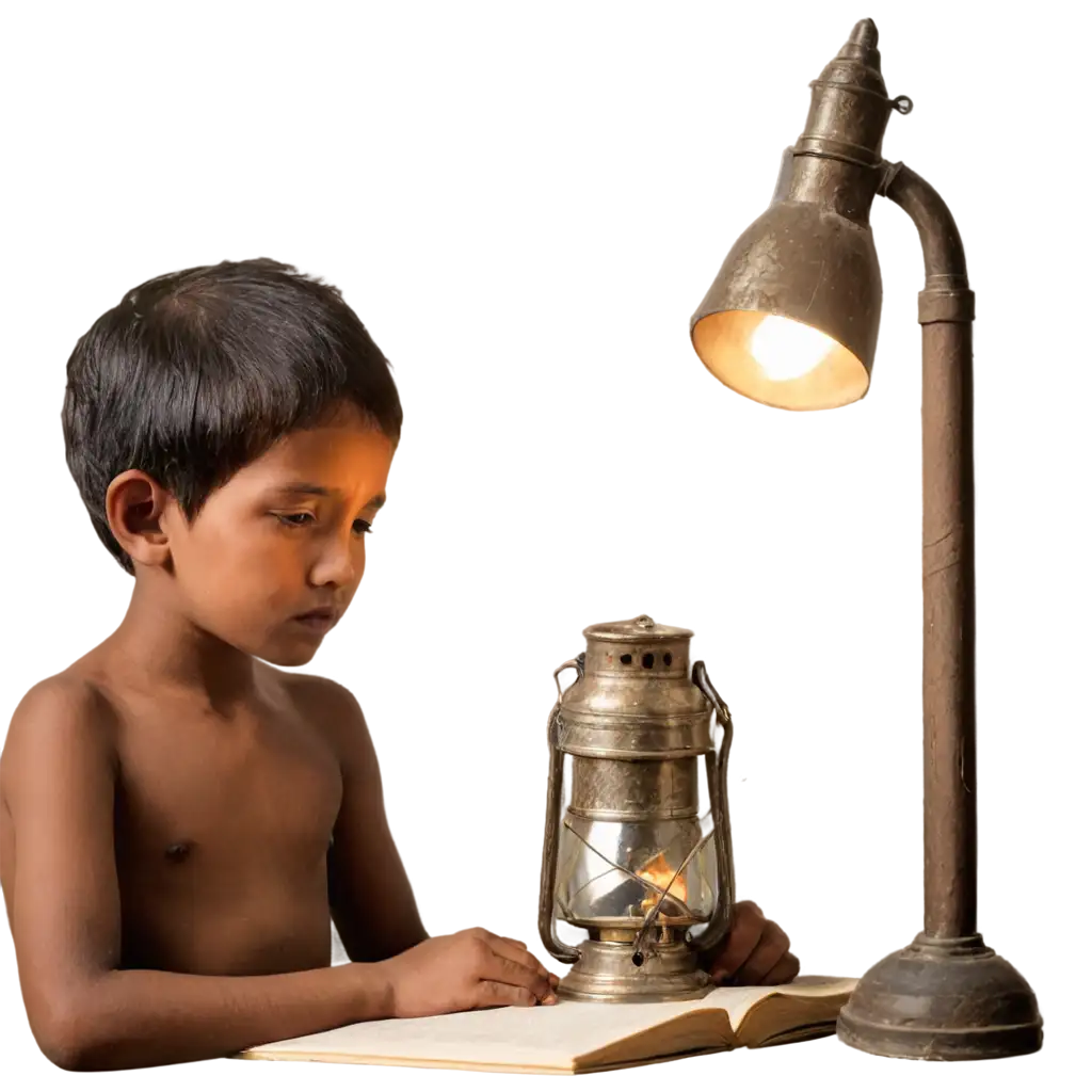 indian study poor child in lamp