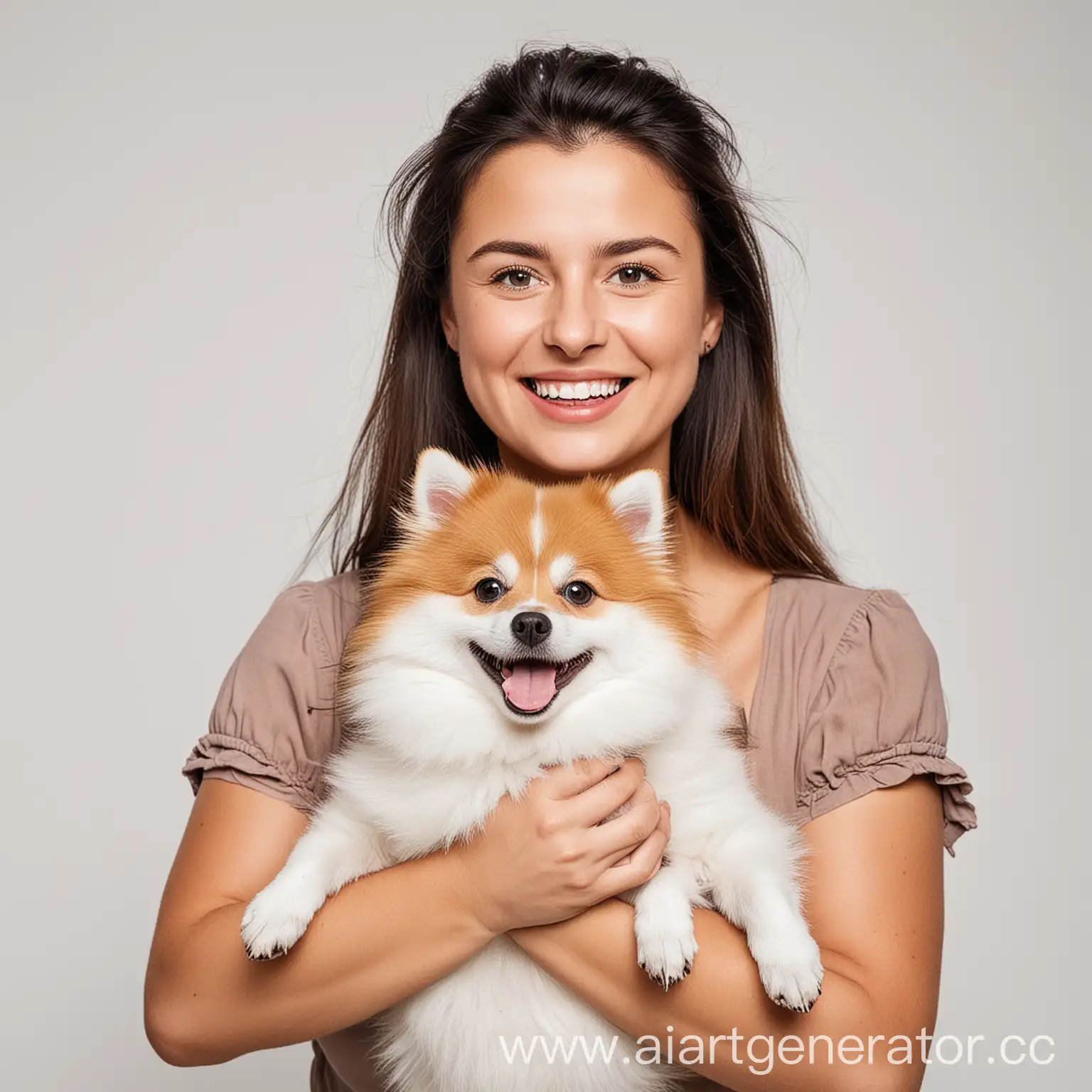 Joyful-Woman-Holding-Spitz-Dog-on-White-Background