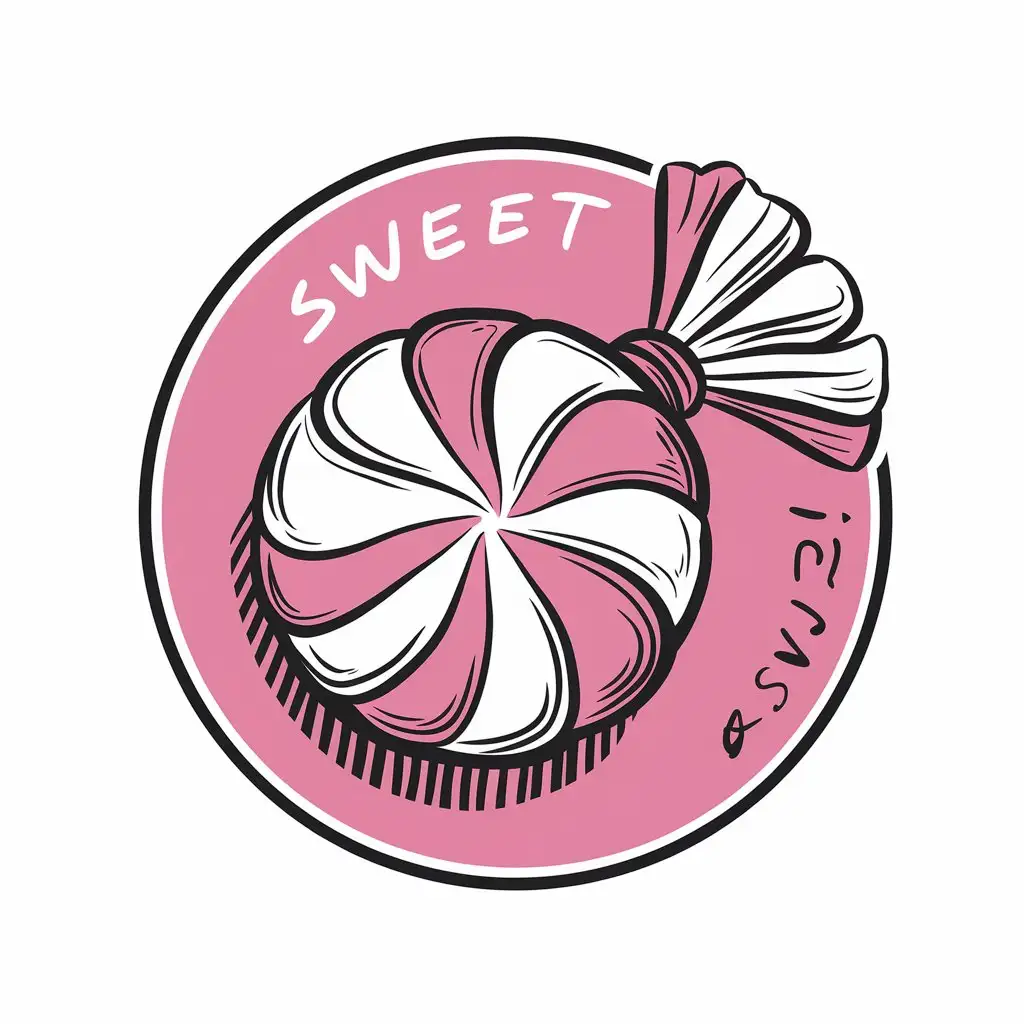 LOGO Design for Caramel Candy Round White Pink with Sweet Inscription in HandDrawn Style