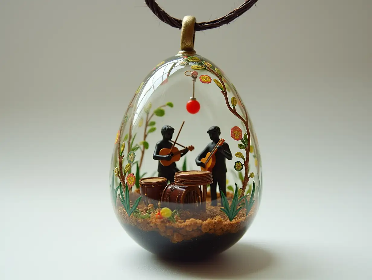 Create for me a glass egg pendant with a music band inside that plays a violin, drum set, guitar and flute