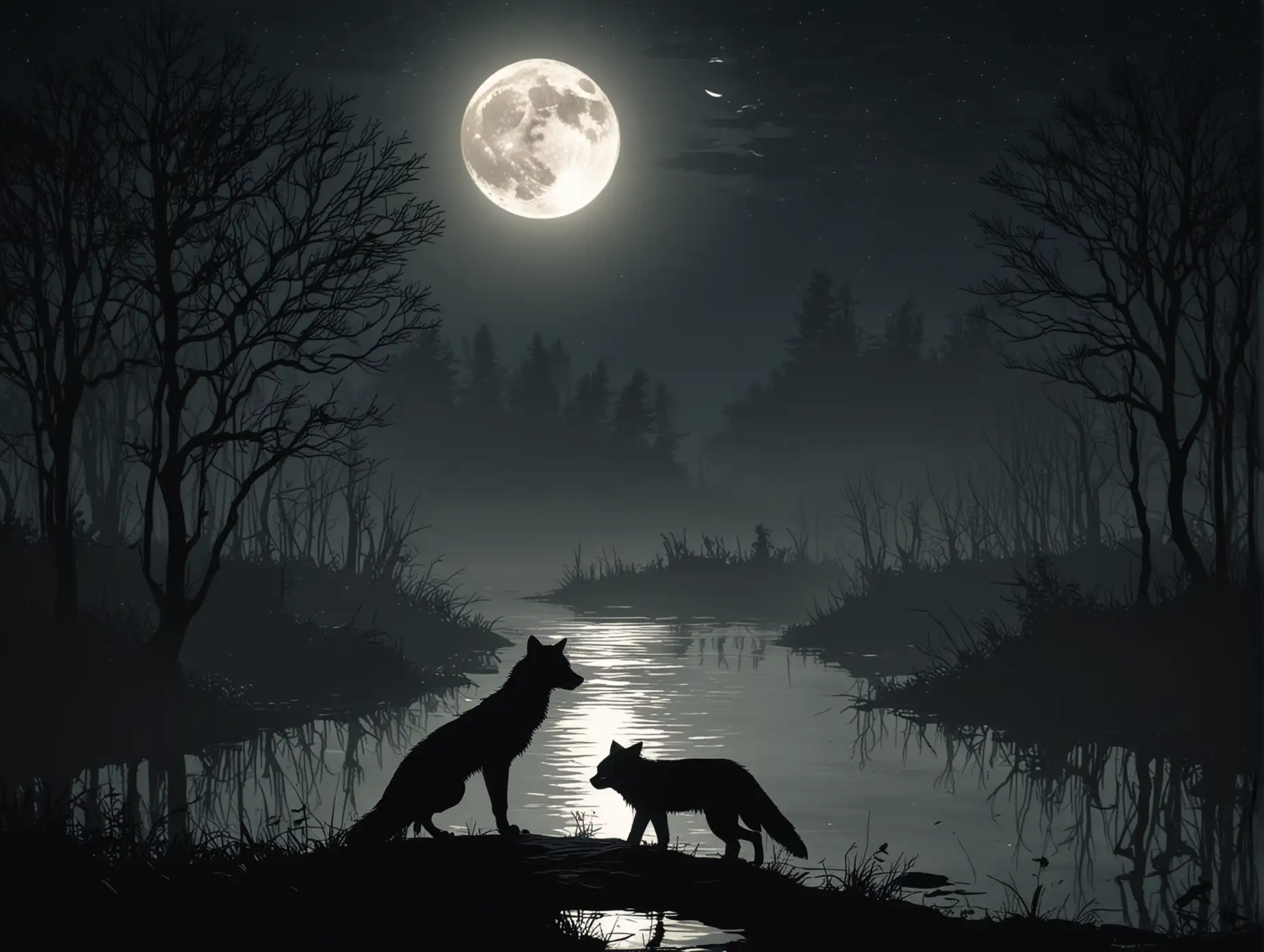 fox, cat, on the river, moon, silhouette, shadow, night, dark, low lighting, forest at background