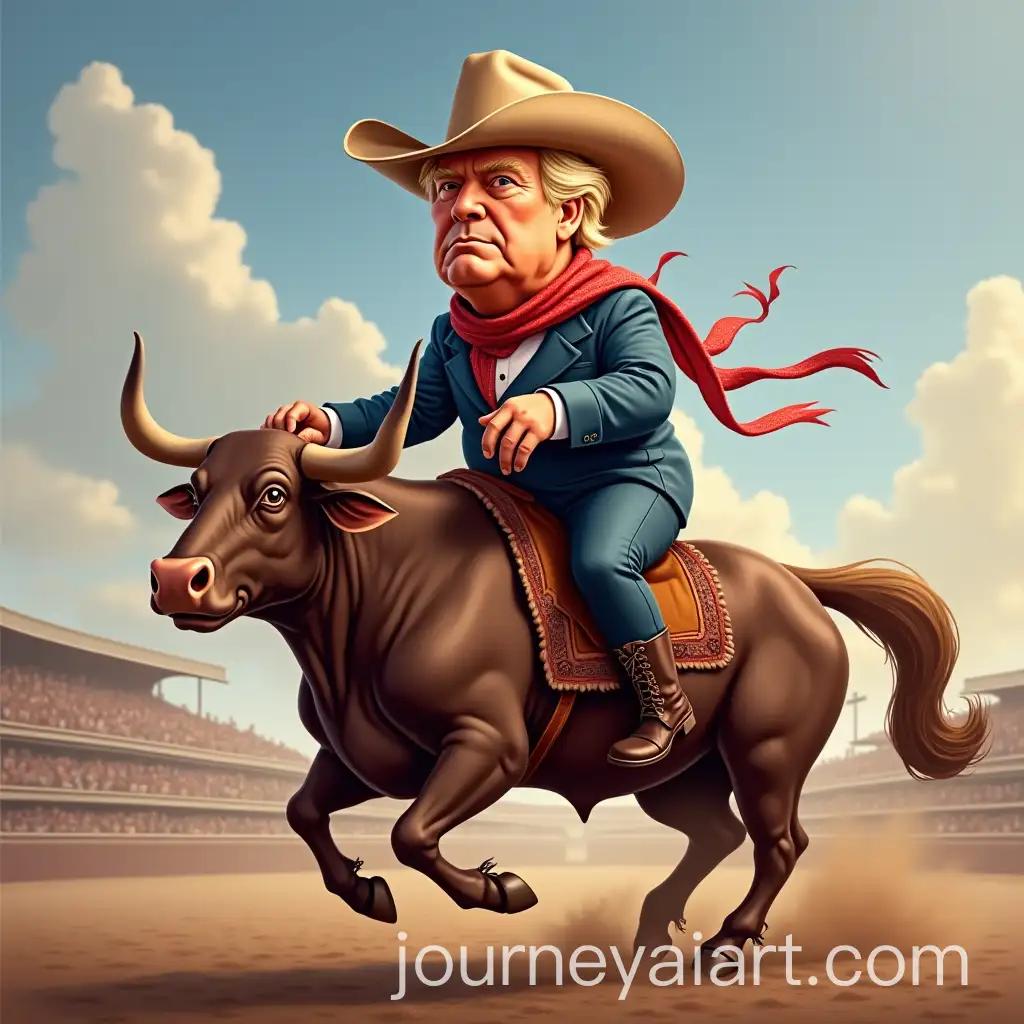 Caricature-of-Trump-as-Cowboy-Riding-a-Bull-at-American-Rodeo