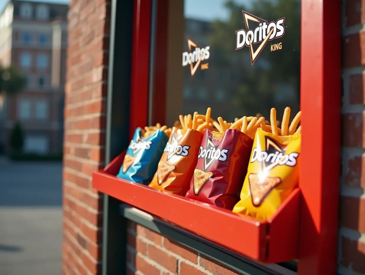 Burger King pick-up point. Doritos Packs stand in Window