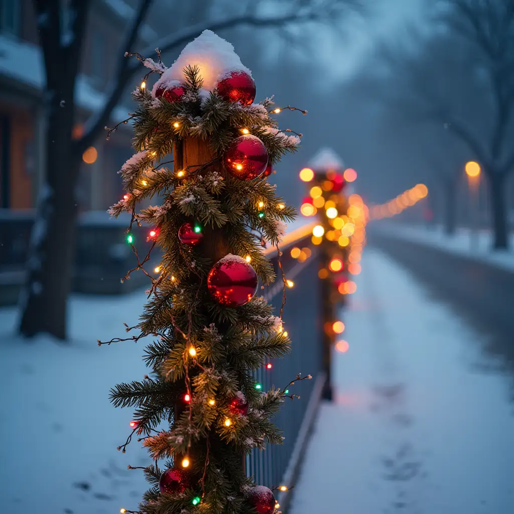 a fence post adorned with New Year's tinsel with red balls and multicolored lights on a snowy background