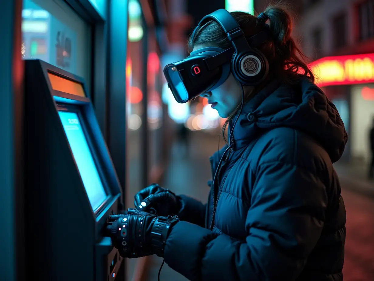 a young stealth female hacker on a street at night, programming atm machine, wearing puffer jacket, vr goggles, headphones, smartwatch over electronic gloves, lots of wearable cyberpunk hardware, many wires connected from atm to gloves