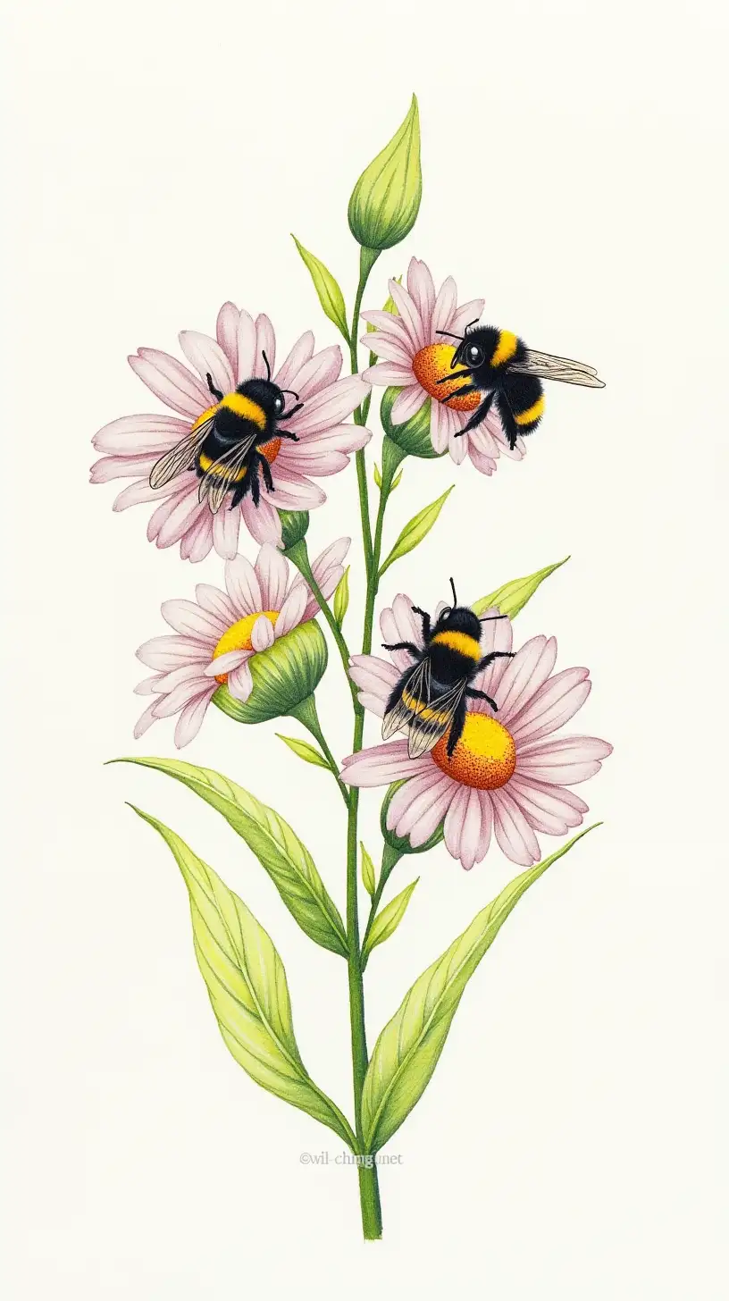 Bumble bees with flowers colored pencil drawing