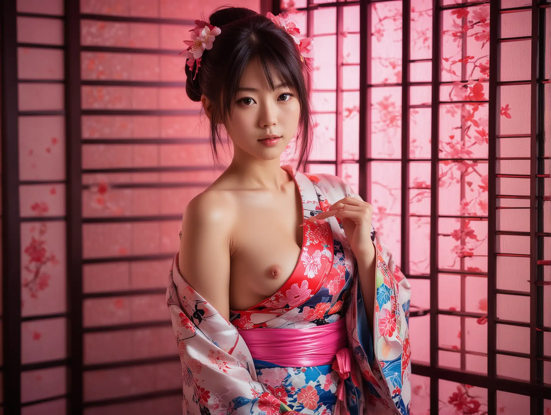 Beautiful, Japanese android girl, topless, wearing kimono in neon brothel.