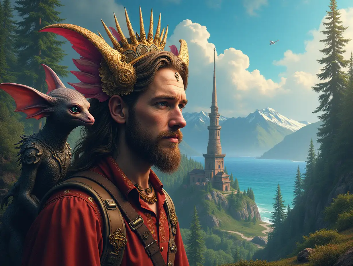 Hyperrealistic portrait of a multiverse time traveler with different alien beings. Elaborately detailed, colorful forest wilderness, mountains, tower and sea in the background