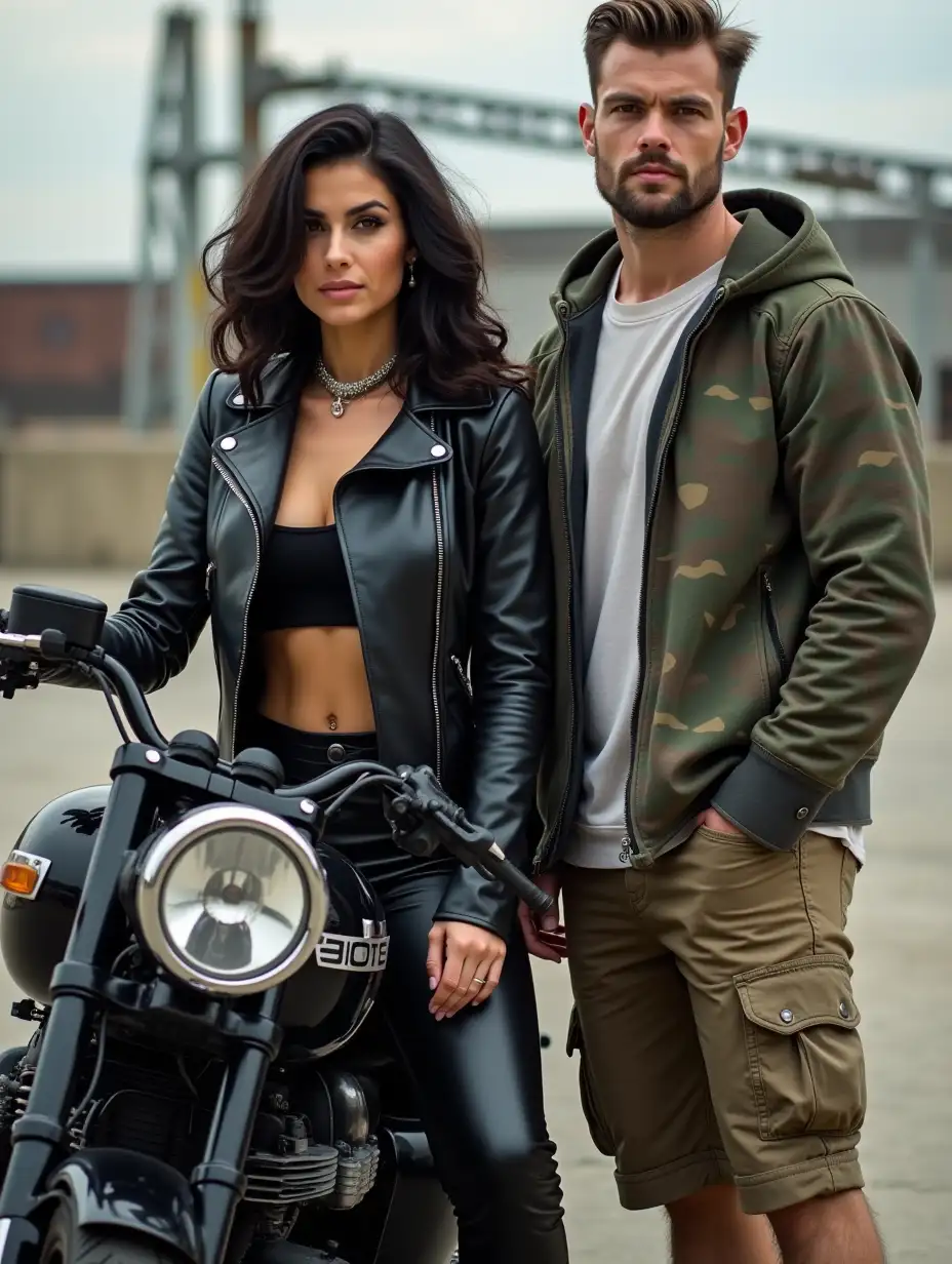 Two stylish individuals pose in an urban outdoor setting. A confident woman with wavy dark hair wears a black leather jacket and sits on a classic Triumph motorcycle, exuding a fierce attitude. Beside her, a man in a camo hoodie and cargo shorts stands with a serious expression. The background features industrial structures, adding an edgy vibe to the scene.