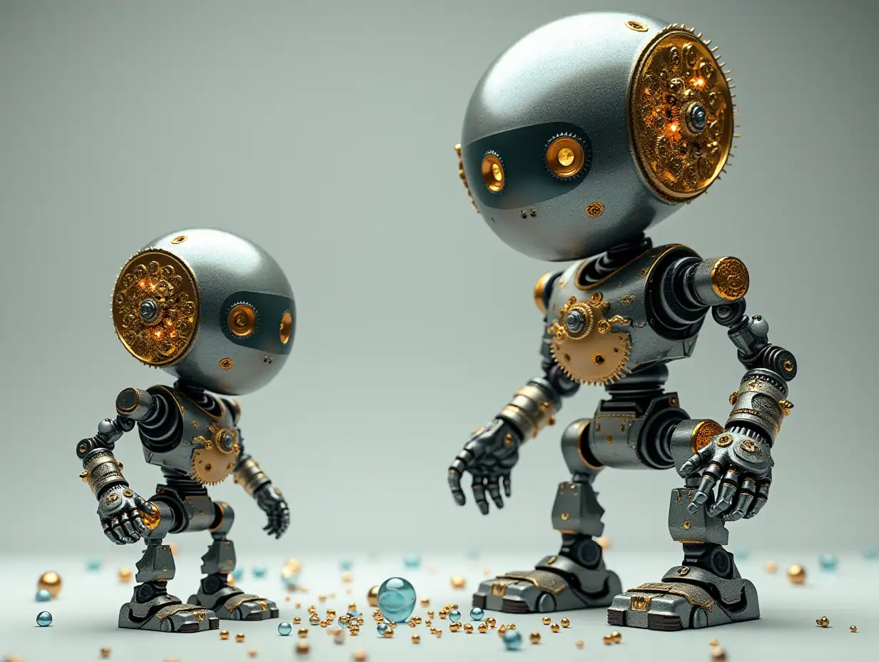 Create a high-resolution, realistic image of artificial intelligence Fractal Robert, two meters tall and a robot one meter tall, with gears on arms and legs, gears on cheeks and a glass head with visible gold plated brain, screws with many gears, and many small glass spheres on the floor in 4k resolution.