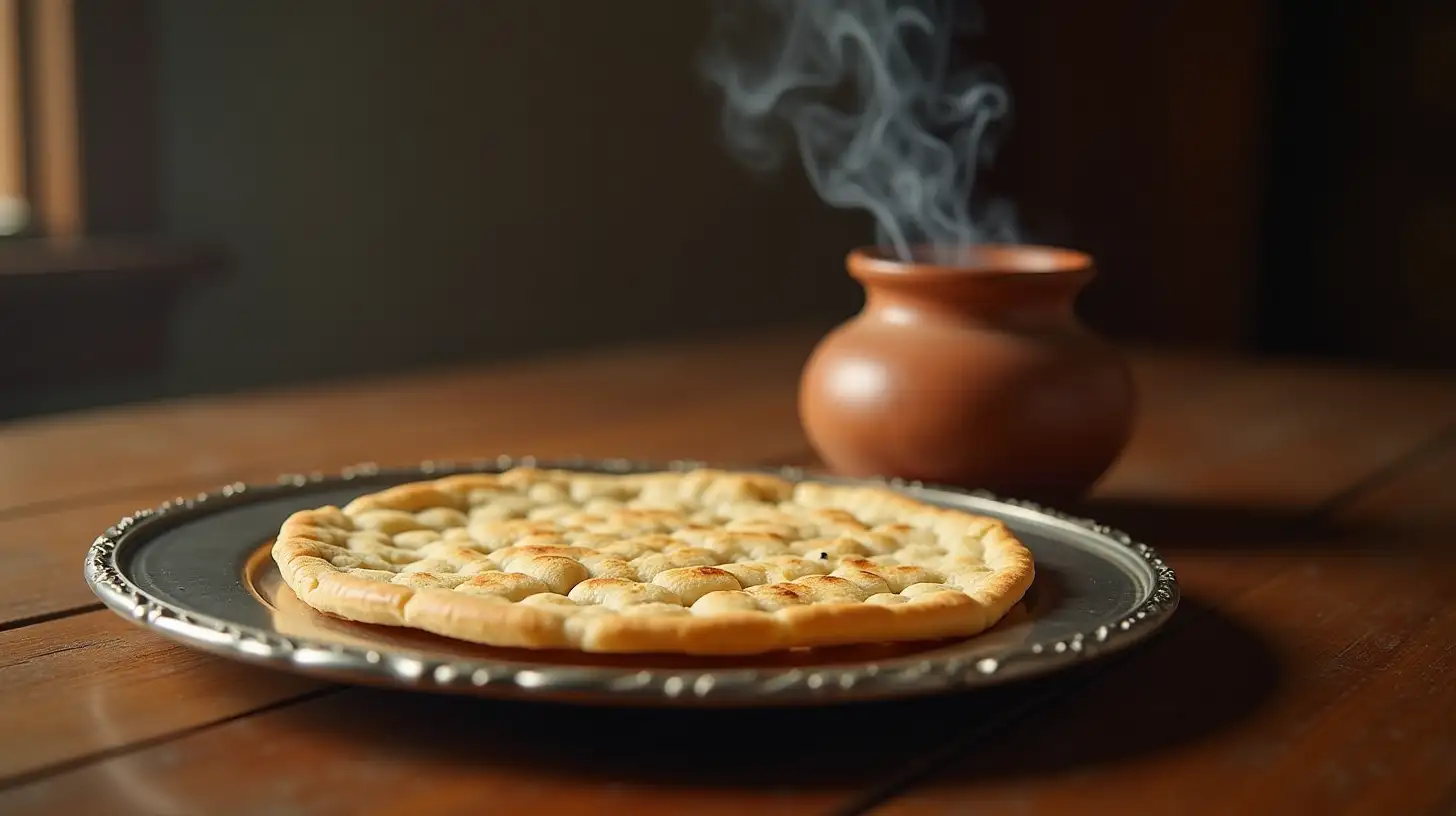 Biblical Era Scene Matza on Silver Platter with Smoking Incense